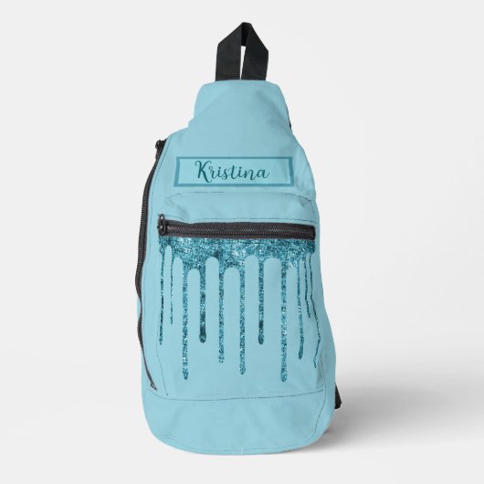 Blauwgroen Blue Glitter Drips op Sky Blue Sling Ba Bag (Voorkant)