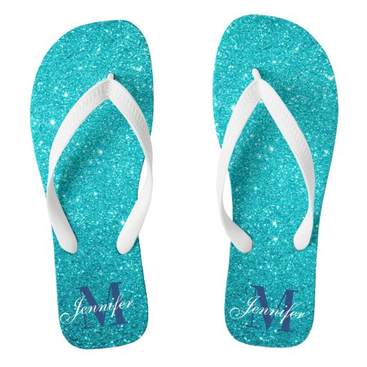 Blauwgroen Blue Glitter Glam Monogrammed Teenslippers (Voetbed)