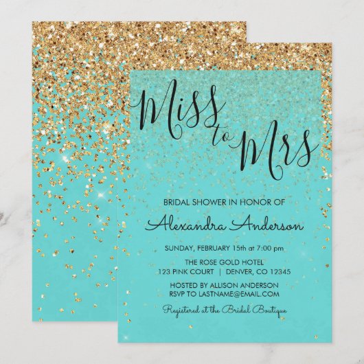 Blauwgroen Blue Glitter Miss naar Mrs Vrijgezellen Kaart (Voorkant / Achterkant)