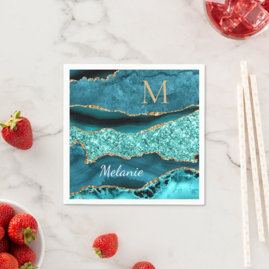 Blauwgroen Blue Glitter servetten aangepaste naam  (Insitu)