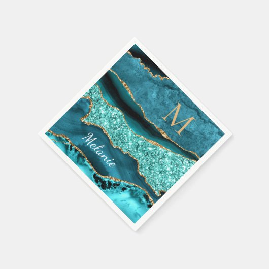 Blauwgroen Blue Glitter servetten aangepaste naam (Hoek)