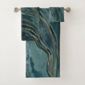 Blauwgroen Blue Gold Abstracte Waterverf Waves Bad Handdoek (Insitu)