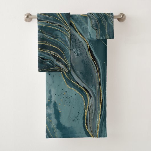 Blauwgroen Blue Gold Abstracte Waterverf Waves Bad Handdoek (Insitu)
