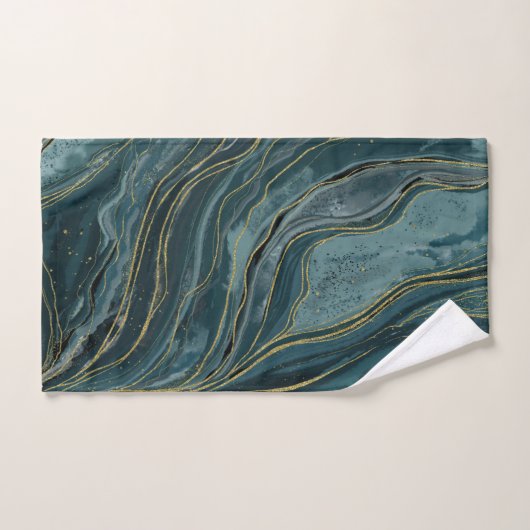 Blauwgroen Blue Gold Abstracte Waterverf Waves Bad Handdoek (Handdoek)