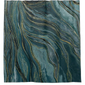 Blauwgroen Blue Gold Abstracte Waterverf Waves Douchegordijn (Voorkant)