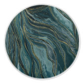 Blauwgroen Blue Gold Abstracte Waterverf Waves Keramische Knop (Voorkant)