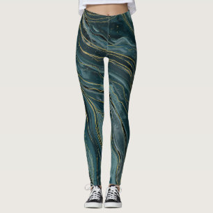 Blauwgroen Blue Gold Abstracte Waterverf Waves Leggings