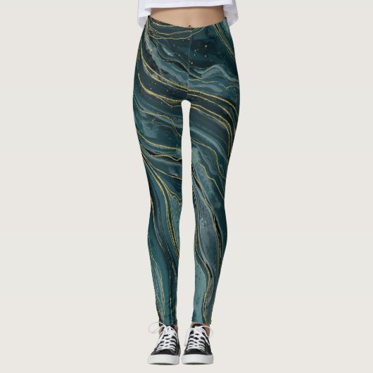 Blauwgroen Blue Gold Abstracte Waterverf Waves Leggings (Voorkant)
