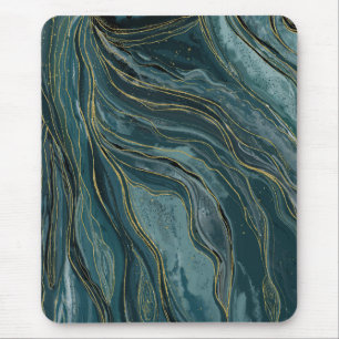 Blauwgroen Blue Gold Abstracte Waterverf Waves Muismat