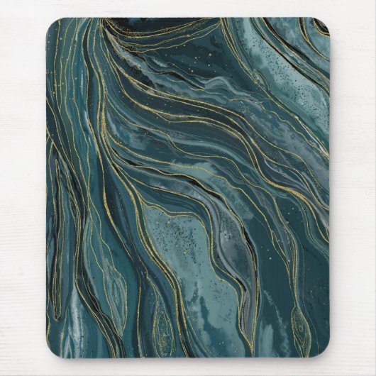 Blauwgroen Blue Gold Abstracte Waterverf Waves Muismat (Voorkant)