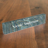 Blauwgroen Blue Gold Abstracte Waterverf Waves Naambordje (Zijkant)