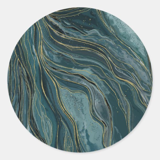 Blauwgroen Blue Gold Abstracte Waterverf Waves Ronde Sticker (Voorkant)