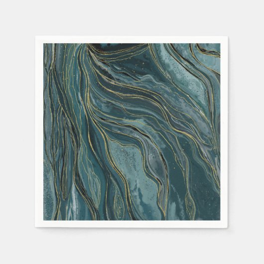Blauwgroen Blue Gold Abstracte Waterverf Waves Servet (Voorkant)