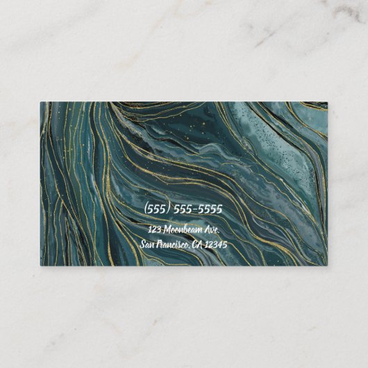 Blauwgroen Blue Gold Abstracte Waterverf Waves Visitekaartje (Achterkant)