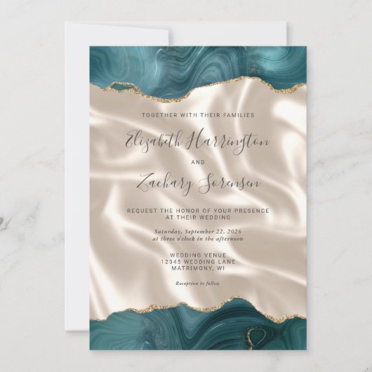Blauwgroen Blue Gold Agate Ivory Silk Wedding Kaart (Voorkant)