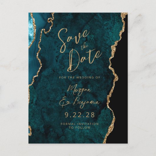 Blauwgroen Blue Gold Agate QR-code Bewaar de datum Aankondigingskaart (Voorkant)