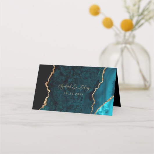 Blauwgroen Blue Gold Agate Script Trouwtafel Plaatskaartje (Achterkant)