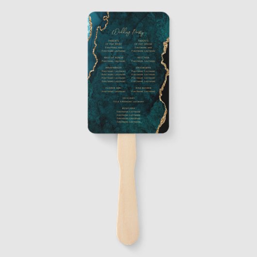 Blauwgroen Blue Gold Agate Script Wedding Programm Handwaaier (Achterkant)