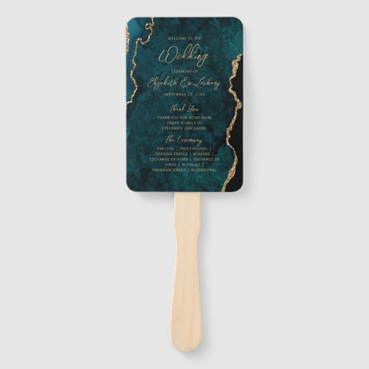 Blauwgroen Blue Gold Agate Script Wedding Programm Handwaaier (Voorkant)