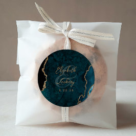 Blauwgroen Blue Gold Agate Script Wedding Ronde Sticker
