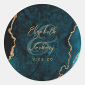 Blauwgroen Blue Gold Agate Script Wedding Ronde Sticker (Voorkant)