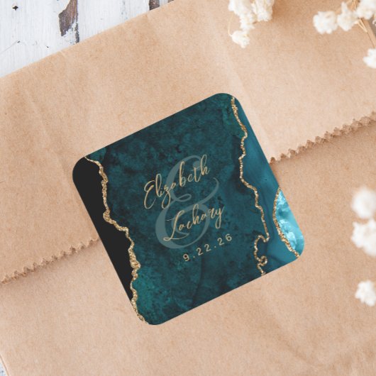 Blauwgroen Blue Gold Agate Script Wedding Vierkante Sticker