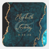 Blauwgroen Blue Gold Agate Script Wedding Vierkante Sticker (Voorkant)