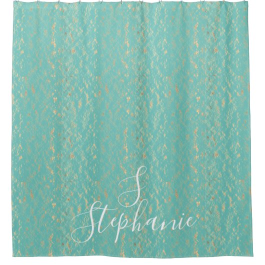 Blauwgroen Blue Gold  Glittery Monogram Initialen Douchegordijn (Voorkant)