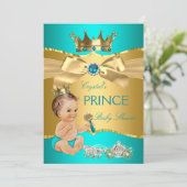 Blauwgroen Blue Gold Prince Baby shower Brunette B Kaart (Staand voorkant)