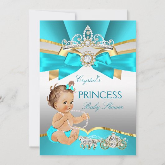 Blauwgroen Blue Gold Princess Baby shower Brunette Kaart (Voorkant)