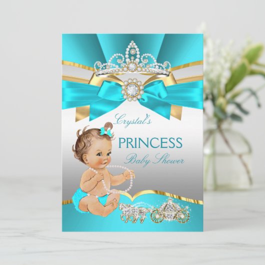 Blauwgroen Blue Gold Princess Baby shower Brunette Kaart (Staand voorkant)