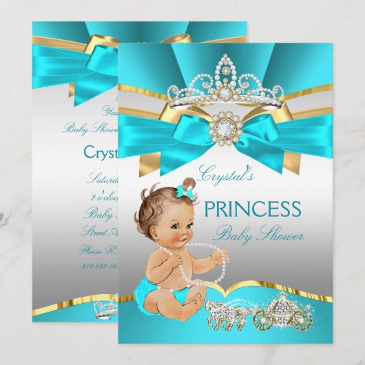 Blauwgroen Blue Gold Princess Baby shower Brunette Kaart (Voorkant / Achterkant)