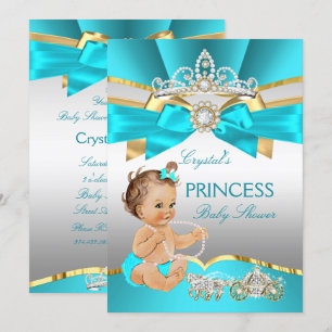 Blauwgroen Blue Gold Princess Baby shower Brunette Kaart