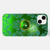 BLAUWGROEN BLUE GREEN DAMASK GEMSTONE MONOGRAM Flo Case-Mate iPhone Case (Achterkant (horizontaal))