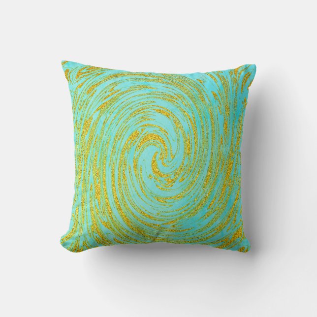 Blauwgroen Blue Green Swirl Abstract Gold Golden G Kussen (Voorkant)
