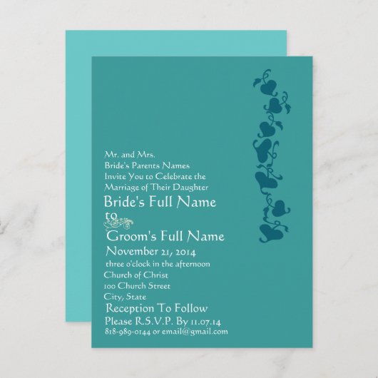 Blauwgroen Blue Hearts bruiloft uitnodiging (Voorkant / Achterkant)