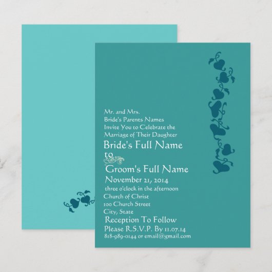 Blauwgroen Blue Hearts bruiloft uitnodiging Briefkaart (Voorkant / Achterkant)