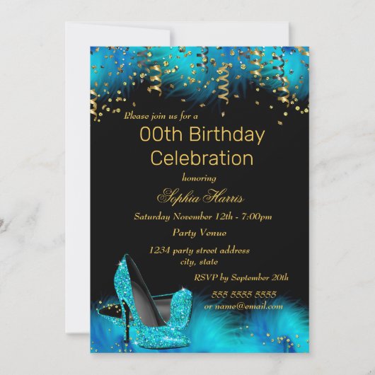 Blauwgroen Blue Hiel Feather glitter Birthday part Kaart (Voorkant)