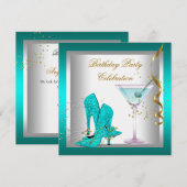 Blauwgroen Blue High Hiel Shoes Gold Birthday Part Kaart (Voorkant / Achterkant)