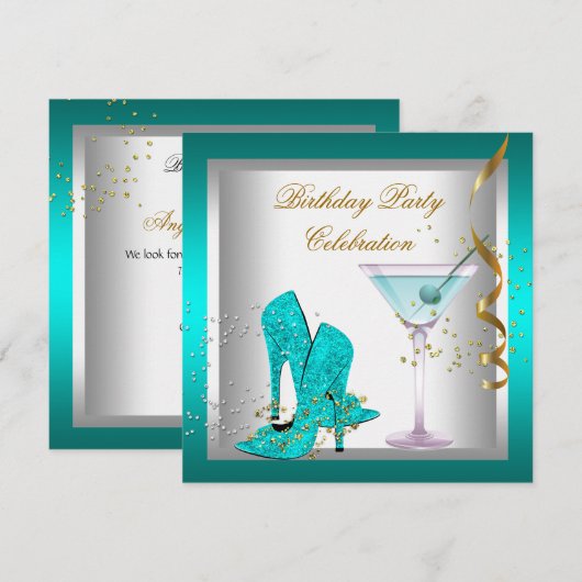 Blauwgroen Blue High Hiel Shoes Gold Birthday Part Kaart (Voorkant / Achterkant)