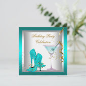 Blauwgroen Blue High Hiel Shoes Gold Birthday Part Kaart (Staand voorkant)