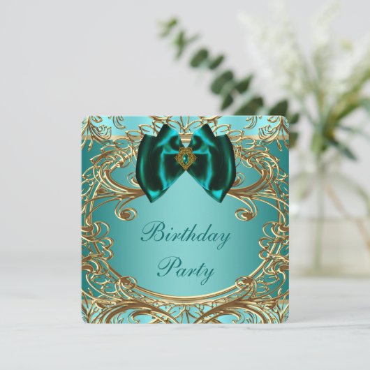 Blauwgroen Blue Jade en Gouden Verjaardagsfeest Kaart (Staand voorkant)