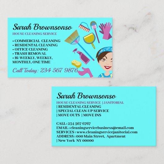 Blauwgroen Blue Janitorial Glove Schort Maid Visitekaartje (Voorkant / Achterkant)