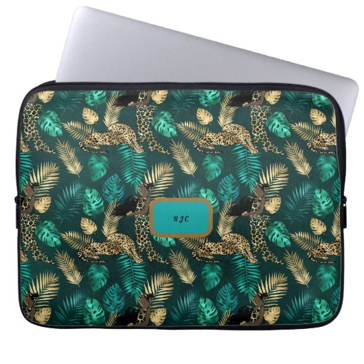 "Blauwgroen Blue Leopard" laptop Hoesje Laptop Sleeve (Voorkant)