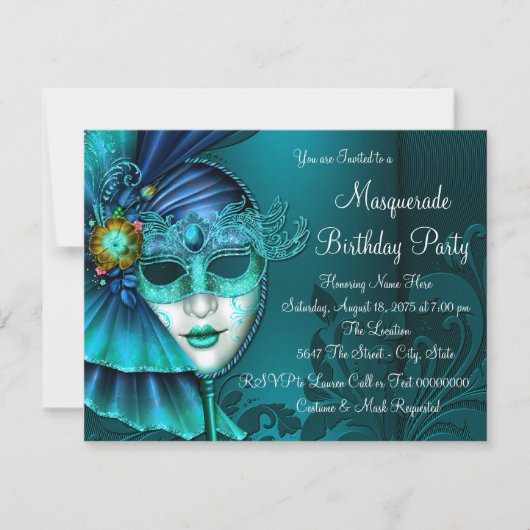 Blauwgroen Blue Mask Masquerade Party Kaart (Voorkant)