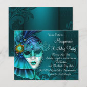 Blauwgroen Blue Mask Masquerade Party Kaart (Voorkant / Achterkant)