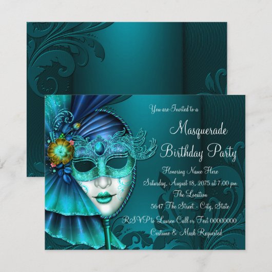 Blauwgroen Blue Mask Masquerade Party Kaart (Voorkant / Achterkant)