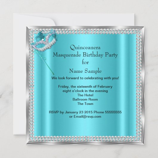 Blauwgroen Blue Masquerade Masker Quinceanera Part Kaart (Achterkant)
