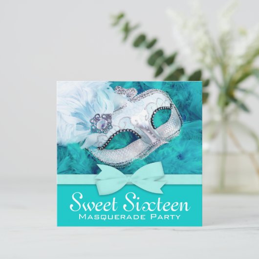 Blauwgroen Blue Masquerade Party Uitnodigingen (Staand voorkant)