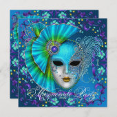 Blauwgroen Blue Masquerade Party Uitnodigingen (Voorkant / Achterkant)
